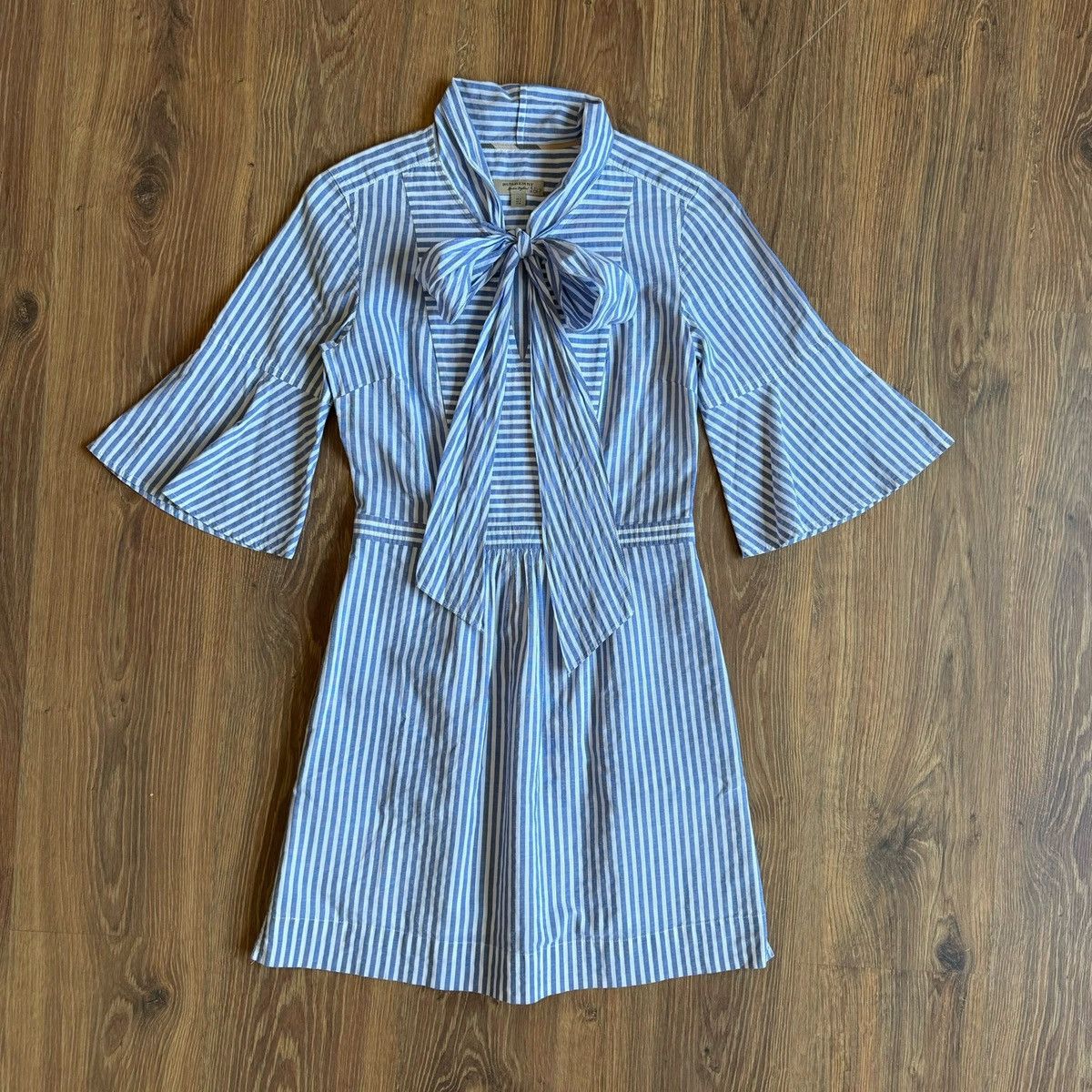 Burberry Burberry Women V Tie Neck Blue White Striped Cotton Dress Size S / US 4 / IT 40 - 1 Thumbnail