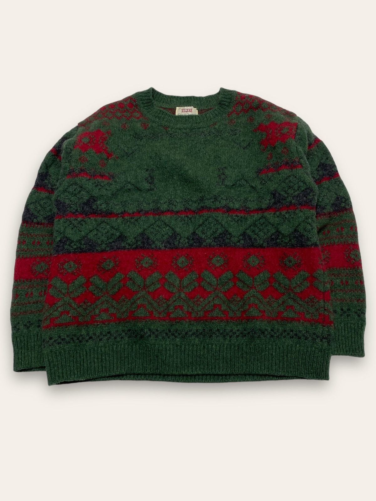 Sisley 90s Vintage SISLEY Wool Green Red Crazy Super Warm Sweater Size US L / EU 52-54 / 3 - 1 Thumbnail