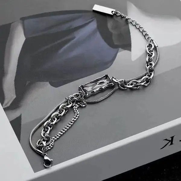 VIBE Titanium Steel Layered Black Crystal Charm Bracelet for Men Size ONE SIZE - 3 Thumbnail