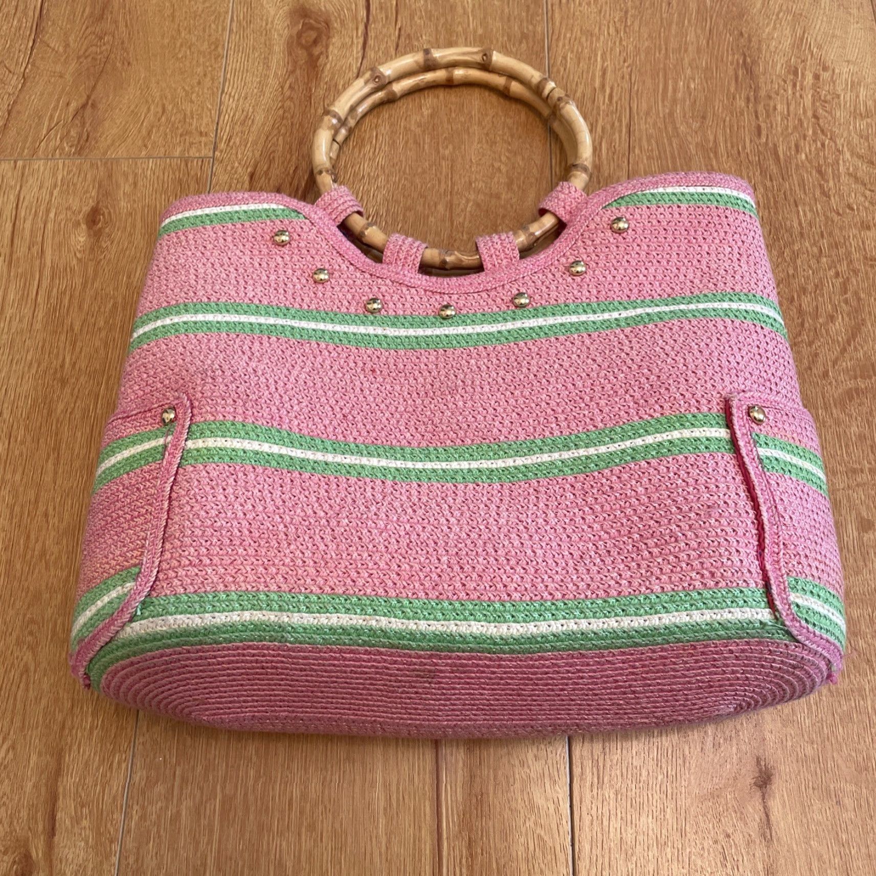 Vintage VTG Raphia Stripe Tote Bag Top Handle Bamboo Handles Pink Green Stripe Boho Women Small Size ONE SIZE - 2 Thumbnail