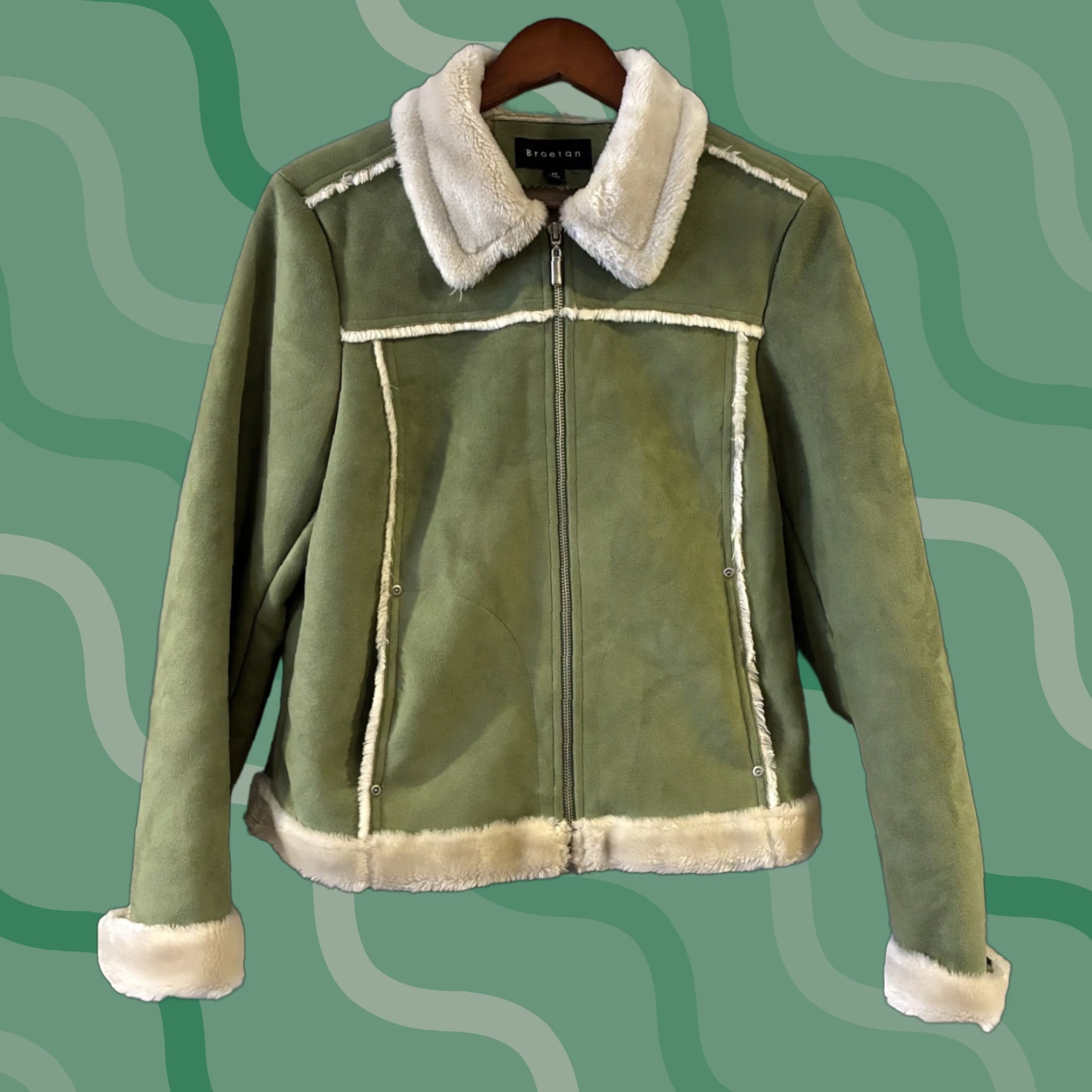 VINTAGE Braetan Coat Womens M Green Faux Suede Fur Collar Boho Hippie 80s 90s 70s 60s Vintage Basic Jacket Pockets Collared Fall Winter