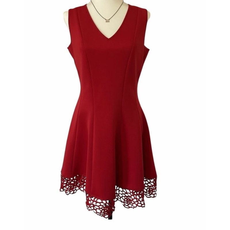 Other Roz & Ali Red Embroidered Hem Sleeveless V-Neck Mini Dress Size S / US 4 / IT 40 - 1 Thumbnail