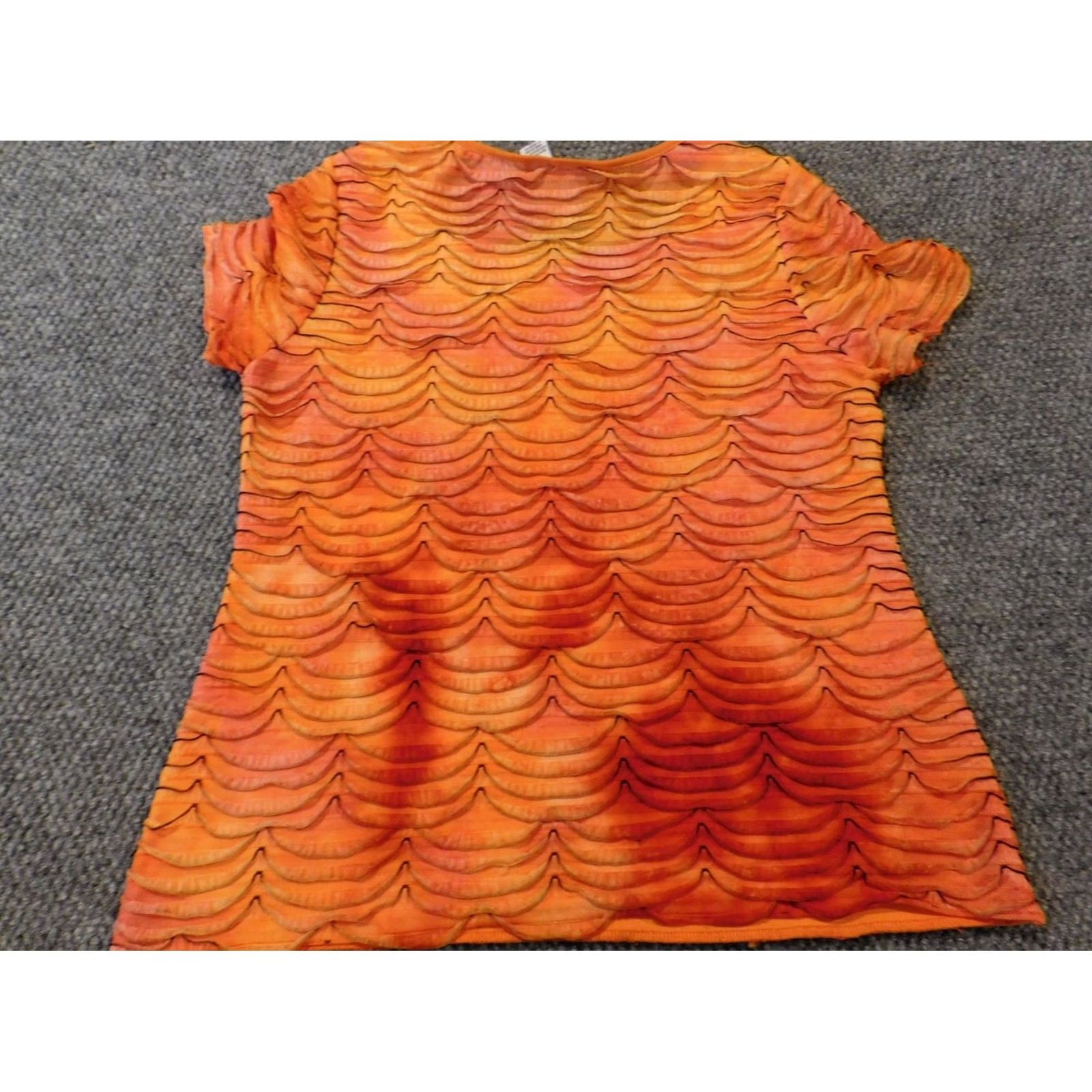 Vintage Kim Rogers Blouse Womens Petite Orange Cap Sleeve Pullover Knit Ruffle Crew Neck Casual Polyester Rayon Geometric Size L / US 10 / IT 46 - 7 Thumbnail