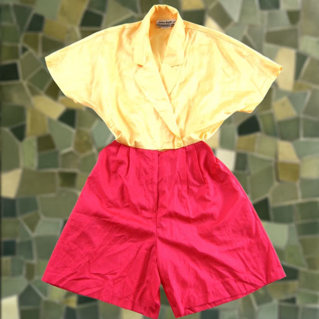 Pinko VINTAGE Joan Walters Pink Yellow Collared Pocket Shorts Romper Jumpsuit Small/4 Women One-Piece Bohemian 80s 90s Size 27" / US 4 / IT 40 - 1 Thumbnail