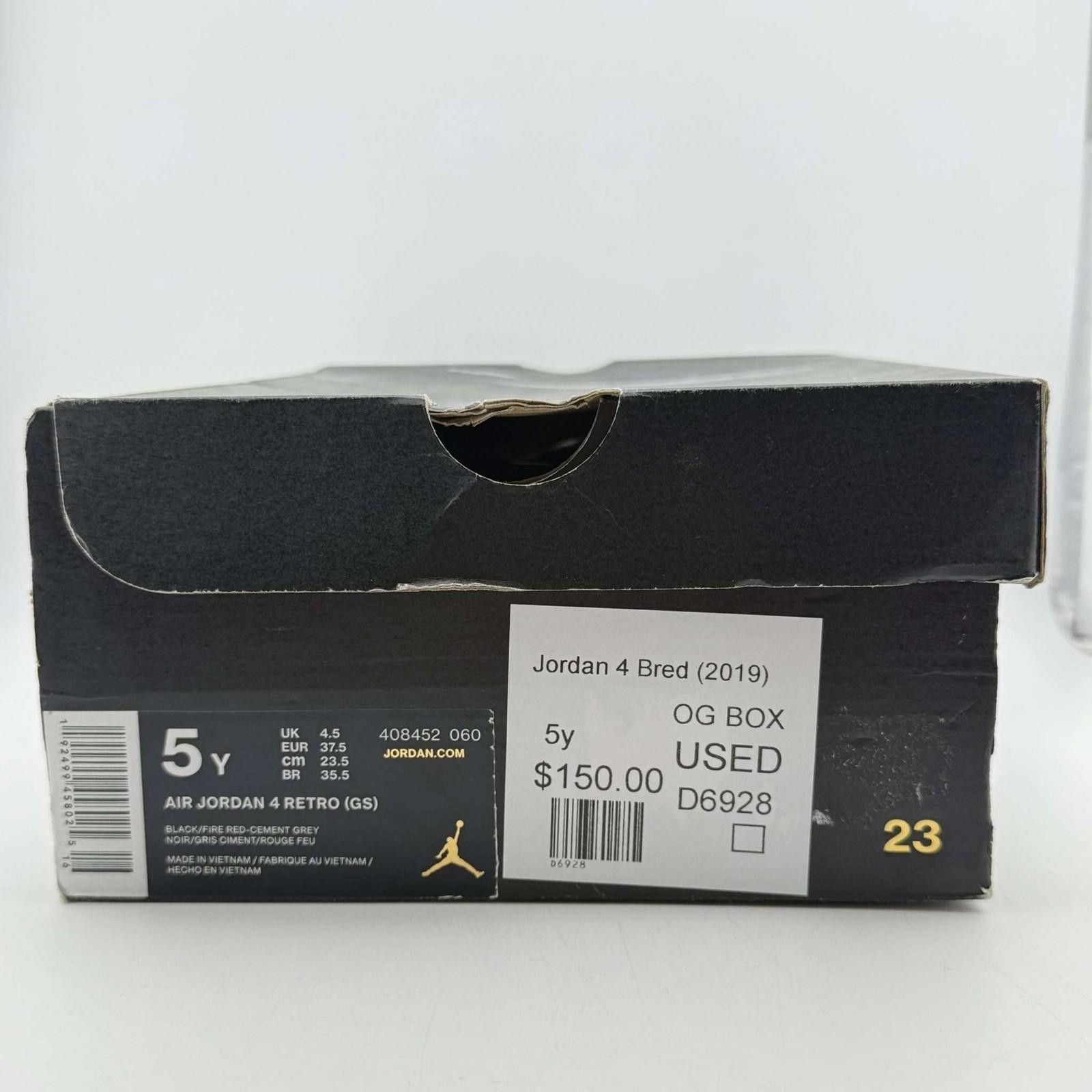Jordan Brand Air Jordan 4 Retro Bred 2019 Black Red 5Y Used with Box Size US 5 / EU 37 - 8 Thumbnail