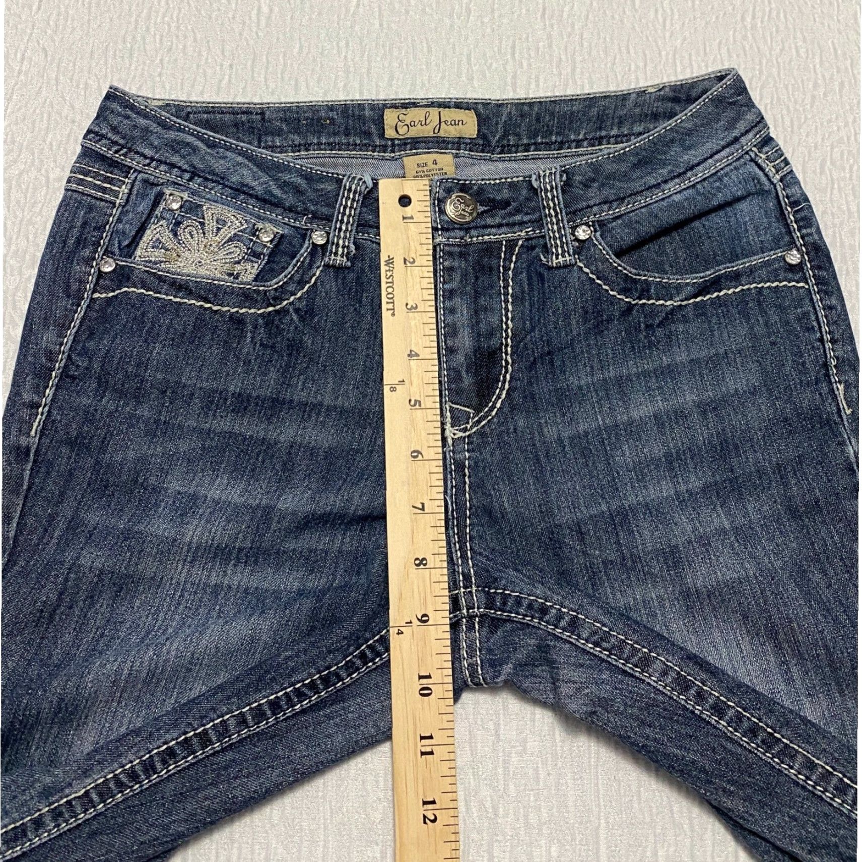 Vintage Earl Jean Jeans Bootcut Women's 4 Blue Embroidered Rhinestone Pockets Slim Stretch Distressed 5-Pocket Denim Mid Rise Inseam 30 Size 27" / US 4 / IT 40 - 7 Thumbnail