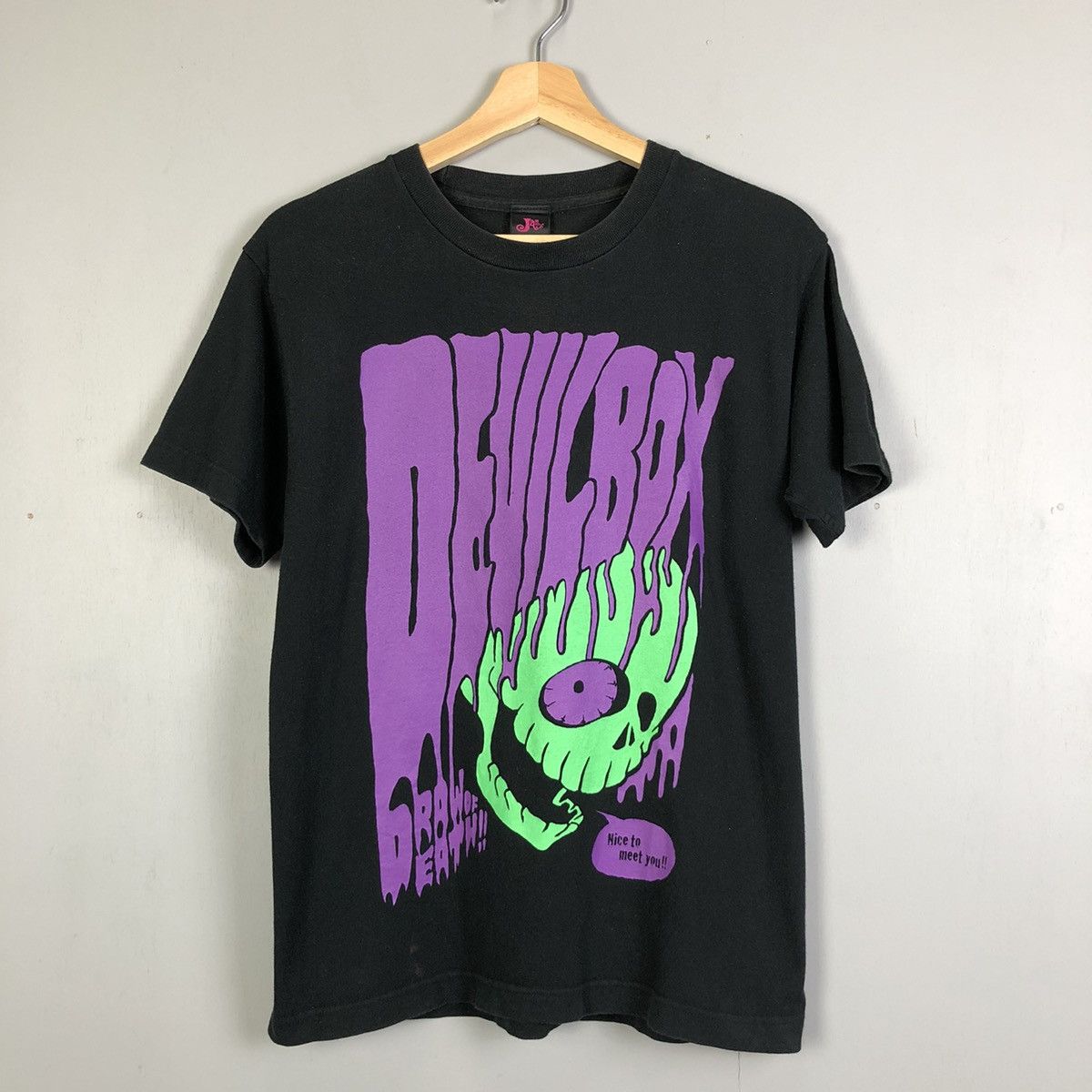 image of Vintage Y2K Sunfaded Devil Box Stupid Creatures Tshirt in Black, Men's (Size Medium)
