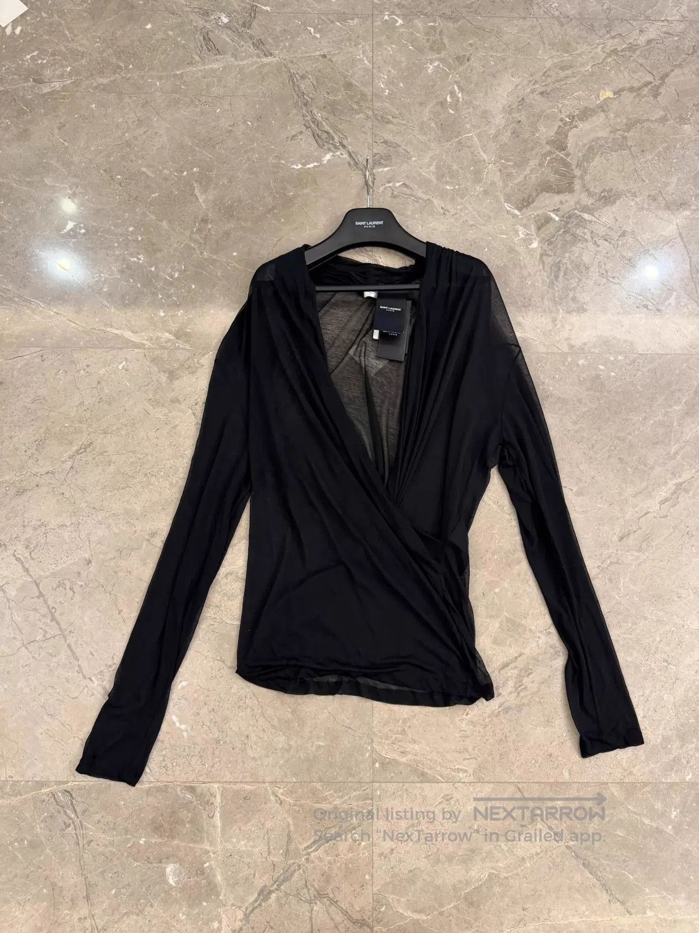 Saint Laurent Paris Black Wrap Front Long Sleeve Mesh Top. Size US XL / EU 56 / 4 - 1 Thumbnail