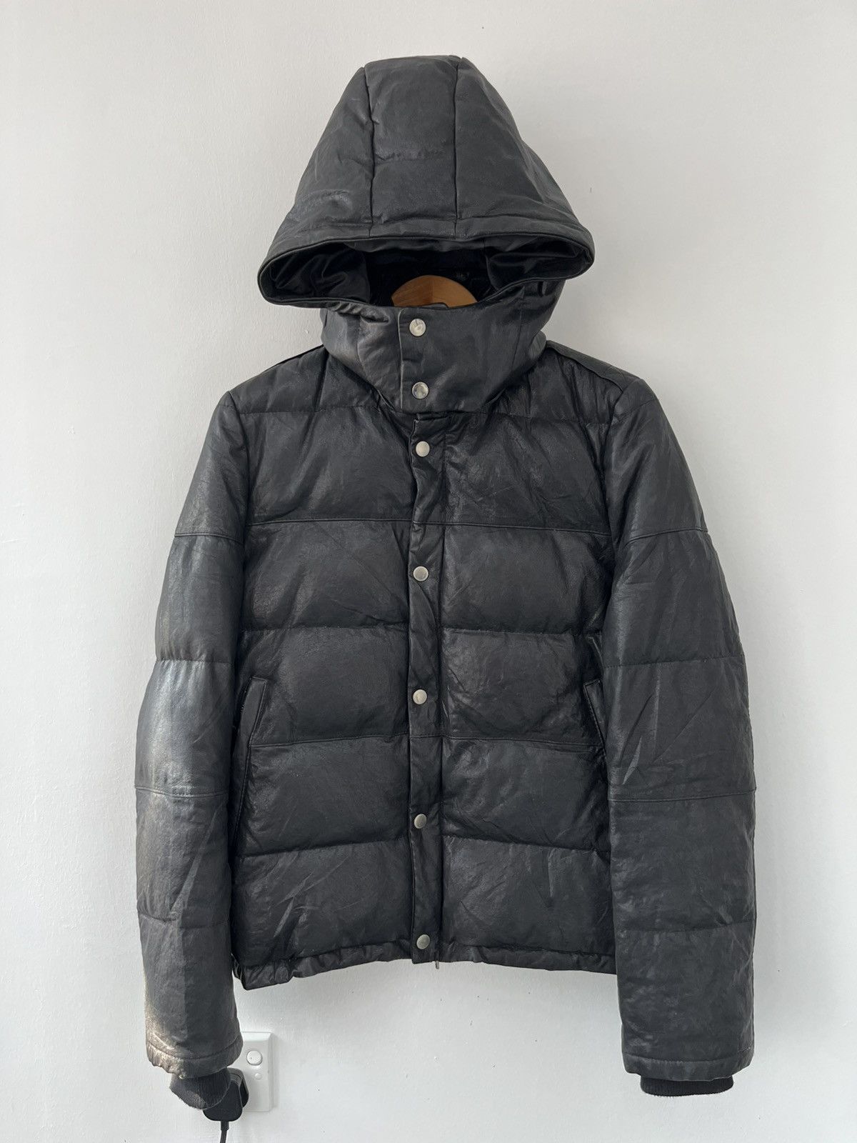 Japanese Brand FUUDOBRAIN Black Leather Hooded Down Jacket Size US S / EU 44-46 / 1 - 1 Thumbnail