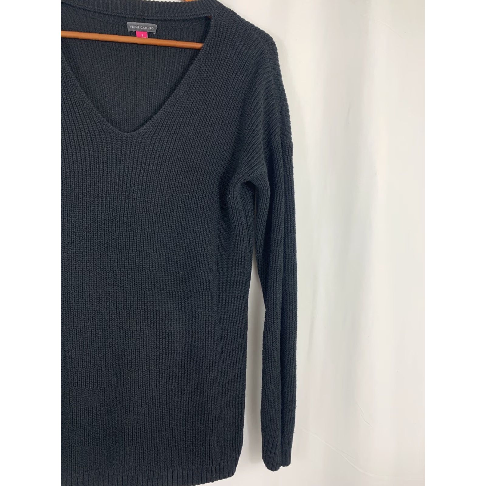 Vince Camuto Vince Camuto Womens Small Cotton Black Tight-Knit Cutout V-Neck Sweater Size S / US 4 / IT 40 - 3 Thumbnail