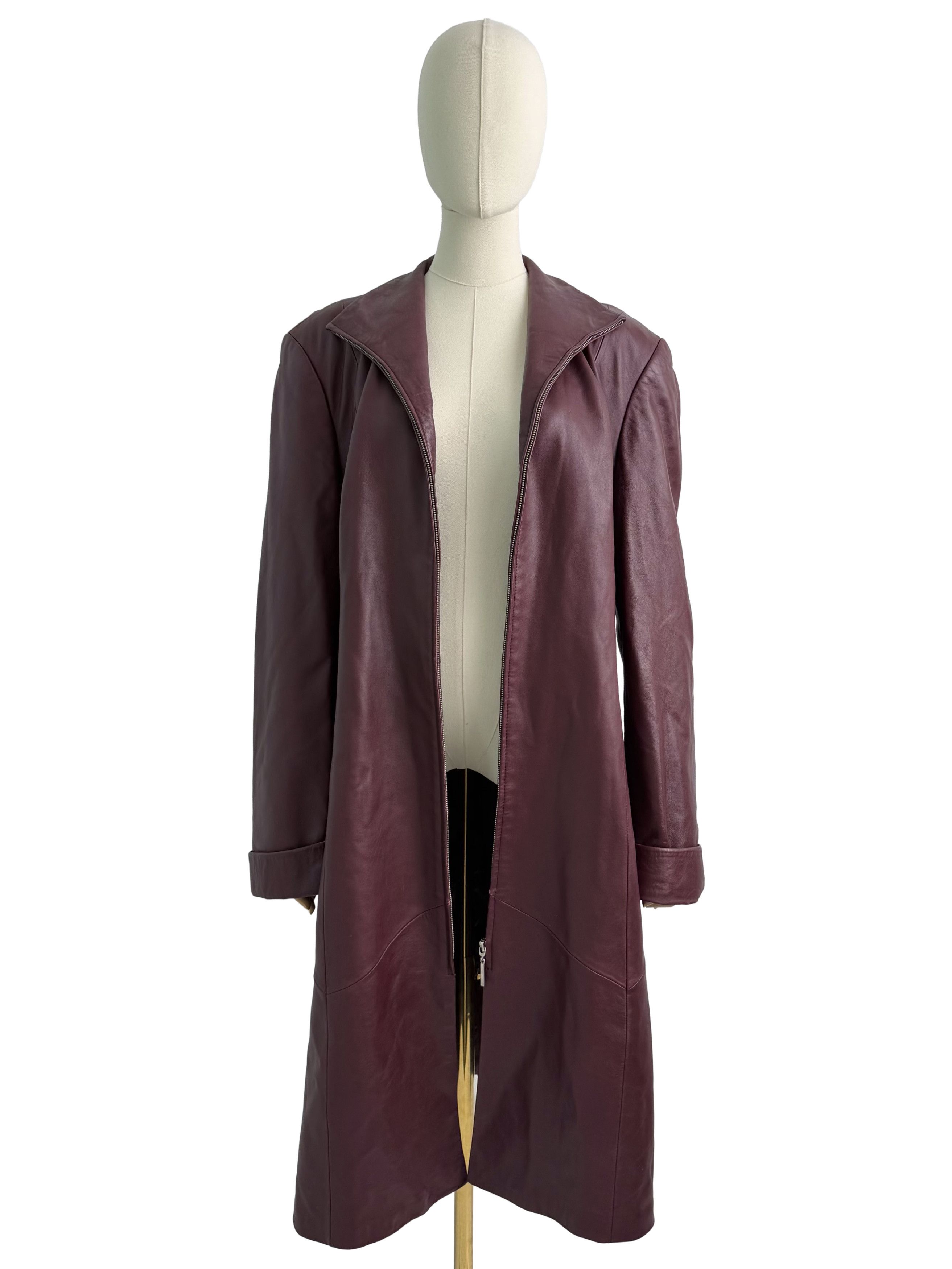 Vintage Vintage Burgundy Leather Long Coat Zip Front Minimalist Size XL / US 12-14 / IT 48-50 - 3 Thumbnail