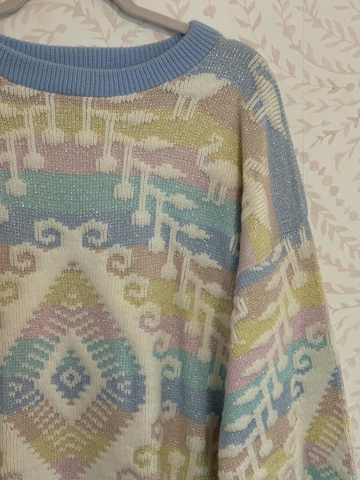 Roberto Cavalli 80's Vintage Pastel Geometric Lurex Rainbow Knit Sweater Size XL / US 12-14 / IT 48-50 - 4 Thumbnail