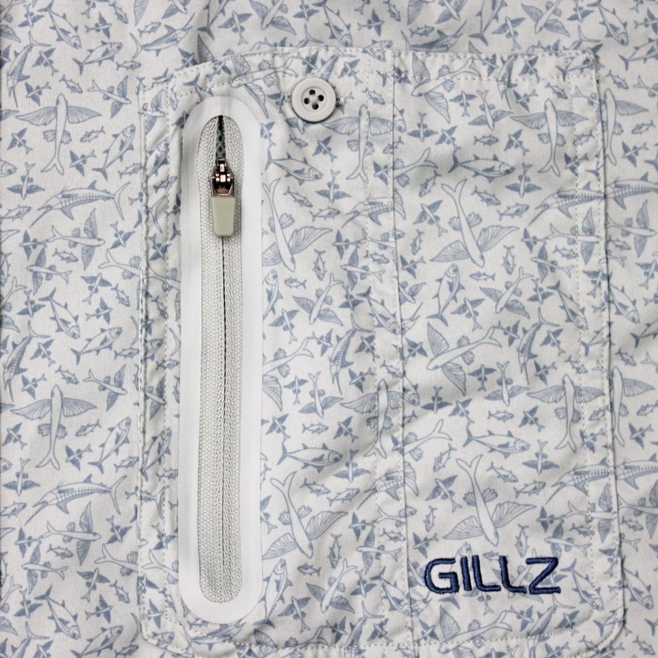 Vintage Gillz AOP Shirt Mens Large Blue Fish All Over Print Polyester Stretch L/S Button Up Shirt Size US L / EU 52-54 / 3 - 7 Thumbnail