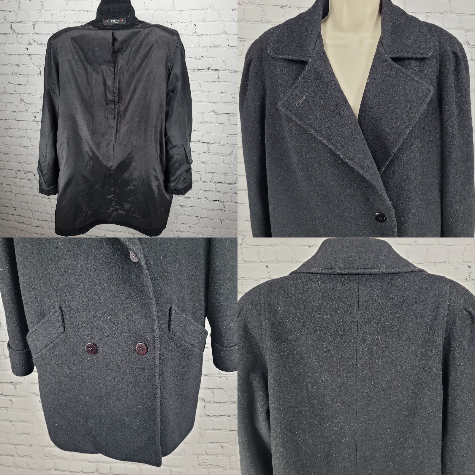 Vintage VINTAGE Alorna Coat Overcoat Wool Blend Double Breasted Buttoned Black L Large Women Pit to Pit 21.5 Shoulder to Hem 35 Sleeve 23.5" (defect) Size L / US 10 / IT 46 - 8 Thumbnail
