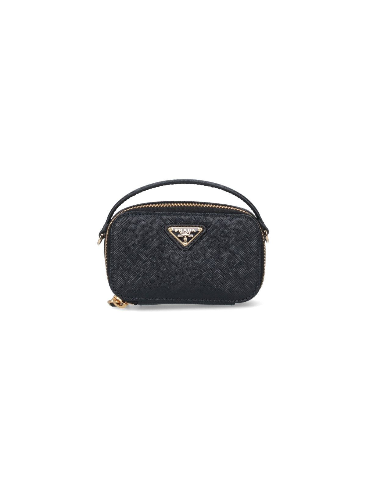 image of Prada Logo Mini Leather Pouch With Chain in Black, Women's