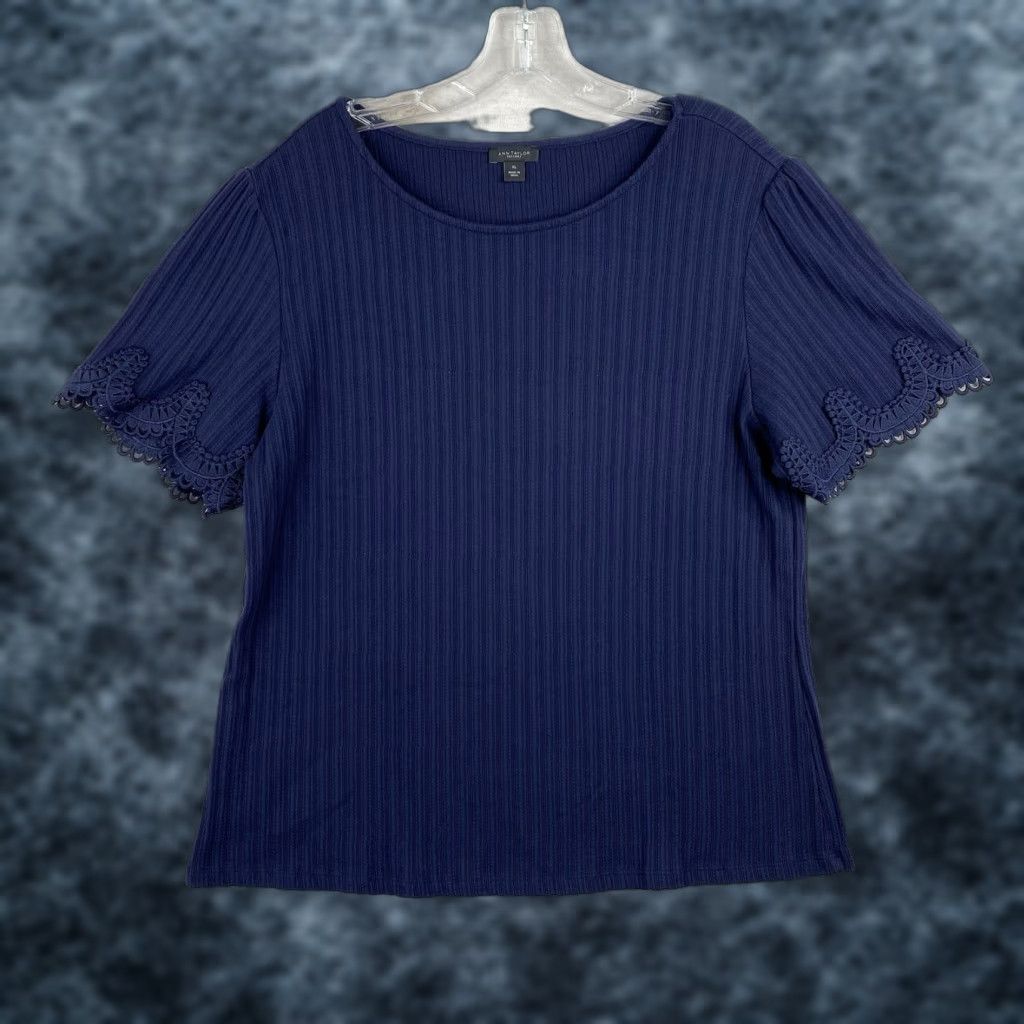 Ann Taylor Ann Taylor Top Womens XL Blue Crochet Ribbed Short Sleeve Stretch Minimalist Size XL / US 12-14 / IT 48-50 - 1 Thumbnail
