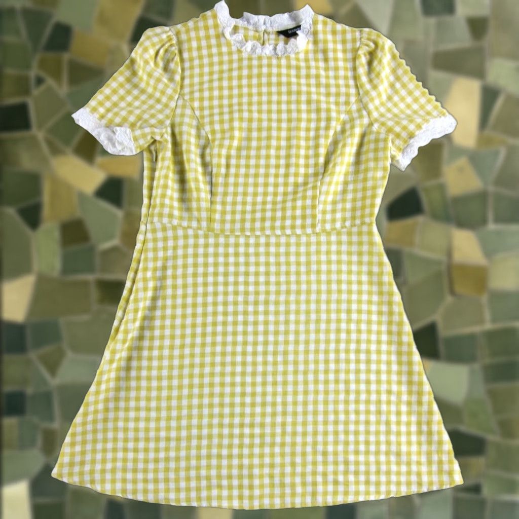 Vintage Allegra K Yellow White Plaid Lace High Neck Short Sleeve Sheath Dress XS Size 26" / US 2 / IT 38 - 1 Thumbnail