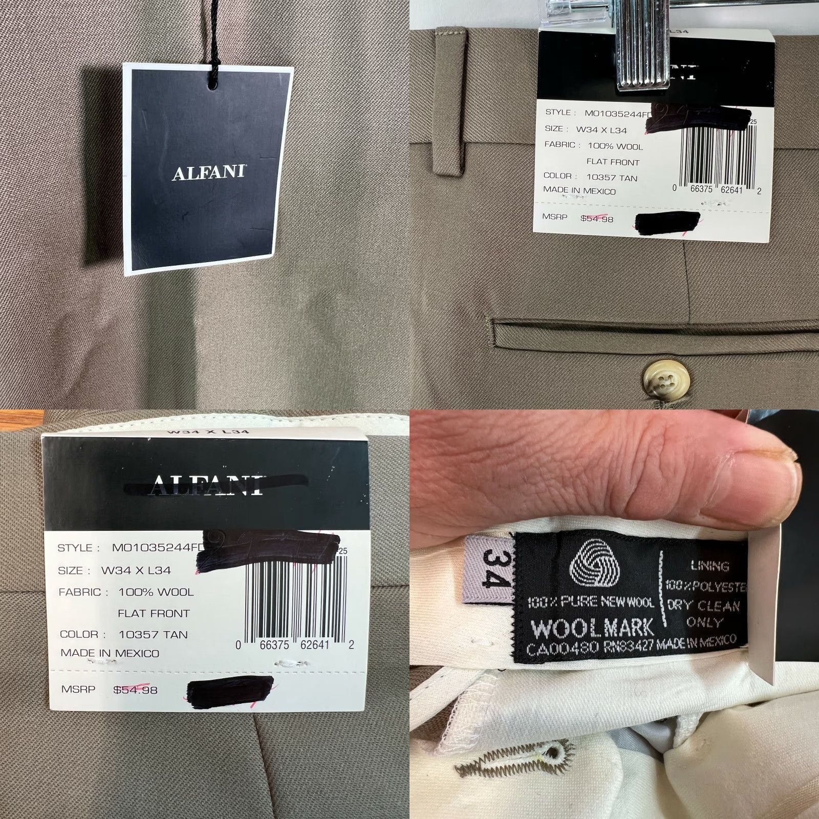 Alfani Alfani Mens Dress Pants Flat Front Straight Leg Wool Tan Size 34X34 Regular Inseam 34 Belt Loops Pockets Dry-Clean Only Mens Size US 34 / EU 50 - 8 Thumbnail