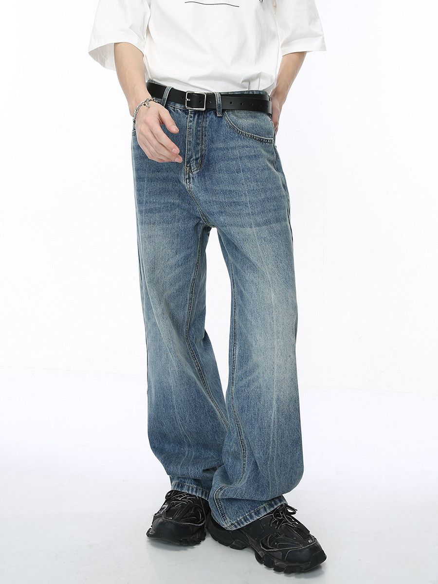 Japanese Brand Men's JapaneseTrendy Washed Whiskered Loose Straight Jeans Size US 32 / EU 48 - 1 Thumbnail