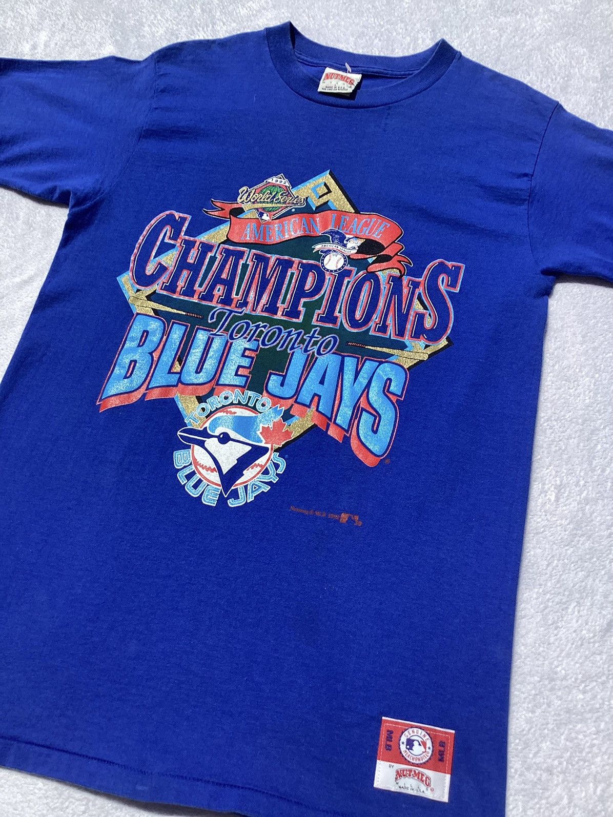 MLB Vtg 92 Toronto Bluejays World Series championship nutmeg tee Size US L / EU 52-54 / 3 - 2 Thumbnail