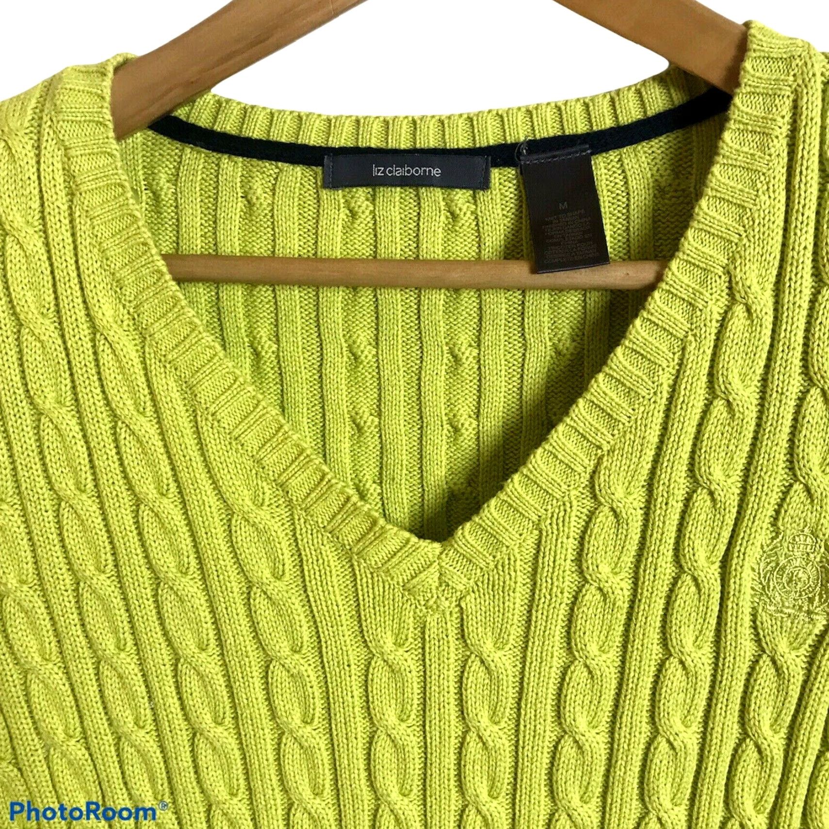 Liz Claiborne Liz Claiborne Sweater Womens M Yellow Green Cable Knit V-Neck 100% Cotton Size M / US 6-8 / IT 42-44 - 2 Thumbnail
