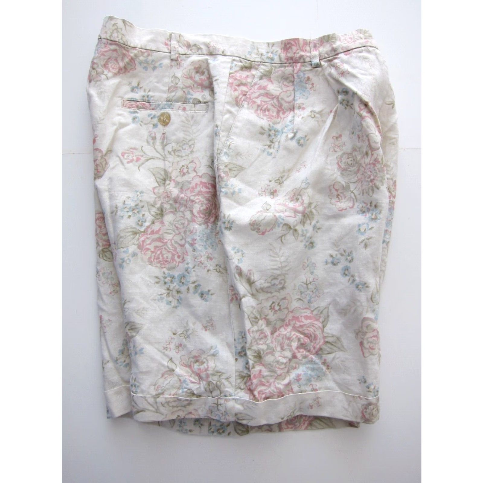 Vintage VINTAGE Hunt Club Bermuda Short 12 100% Linen Ivory Pink Blue Floral High Rise Pleated Womens Size 34" / US 12 / IT 48 - 6 Thumbnail