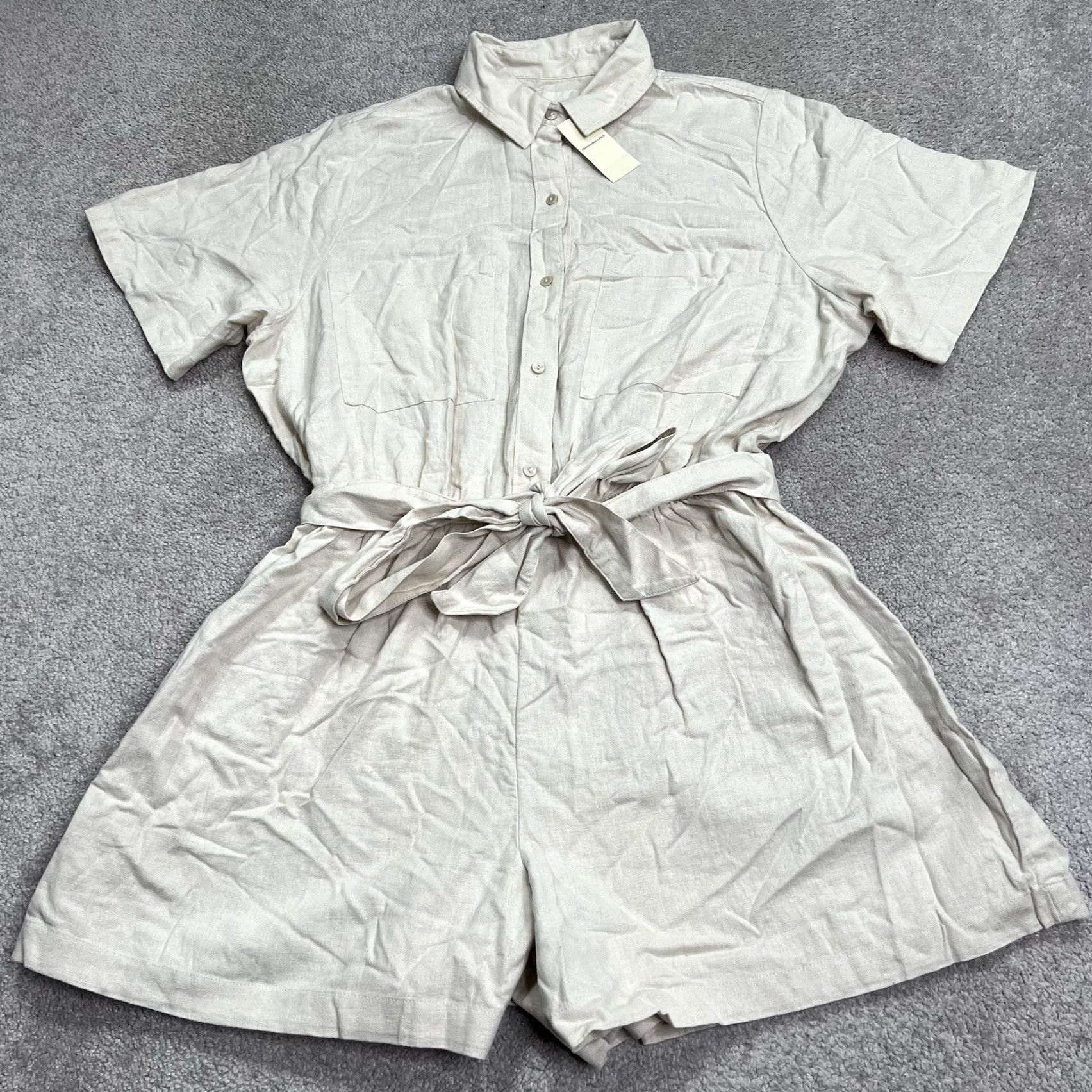 Abercrombie & Fitch Abercrombie & Fitch Linen-Cotton Blend Utility Romper Light Beige XLT Tall NWT Belted Pockets Elastic Waist Short Sleeve Size 40" / US 18 - 2 Thumbnail