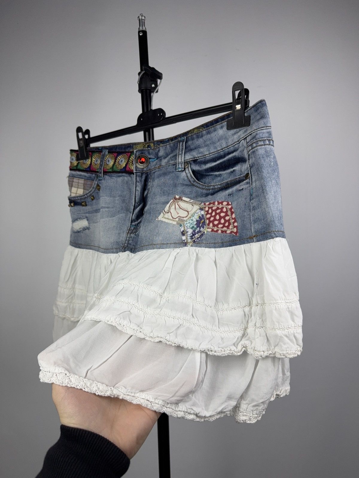 Desigual Desigual Exotic Jeans Layered Denim Y2K Boho Patch Skirt Size 31" - 3 Thumbnail