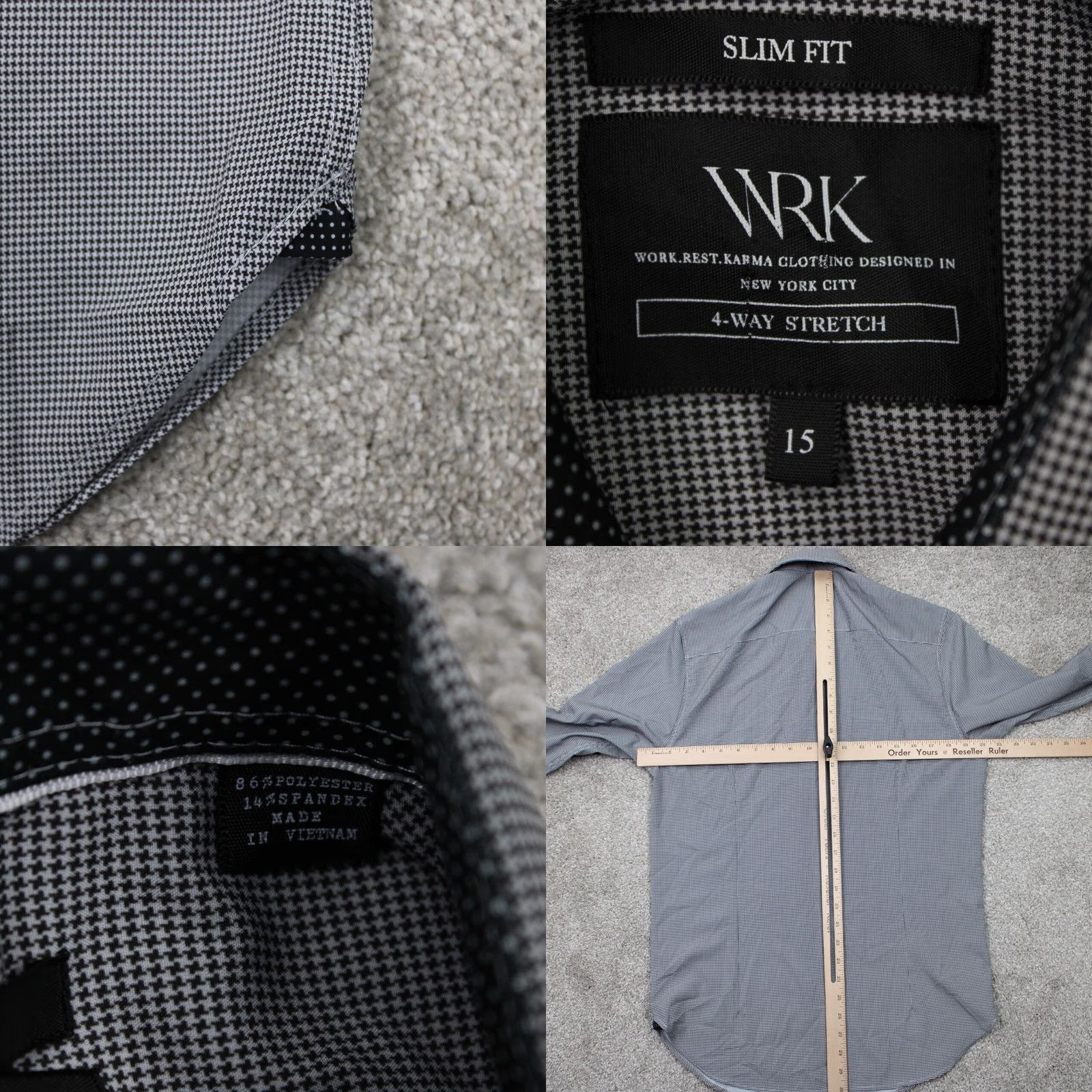 Vintage WRK Dress Shirt Mens 15 Black/White 4 Way Stretch Slim Fit L/S Button Size 40R - 8 Thumbnail