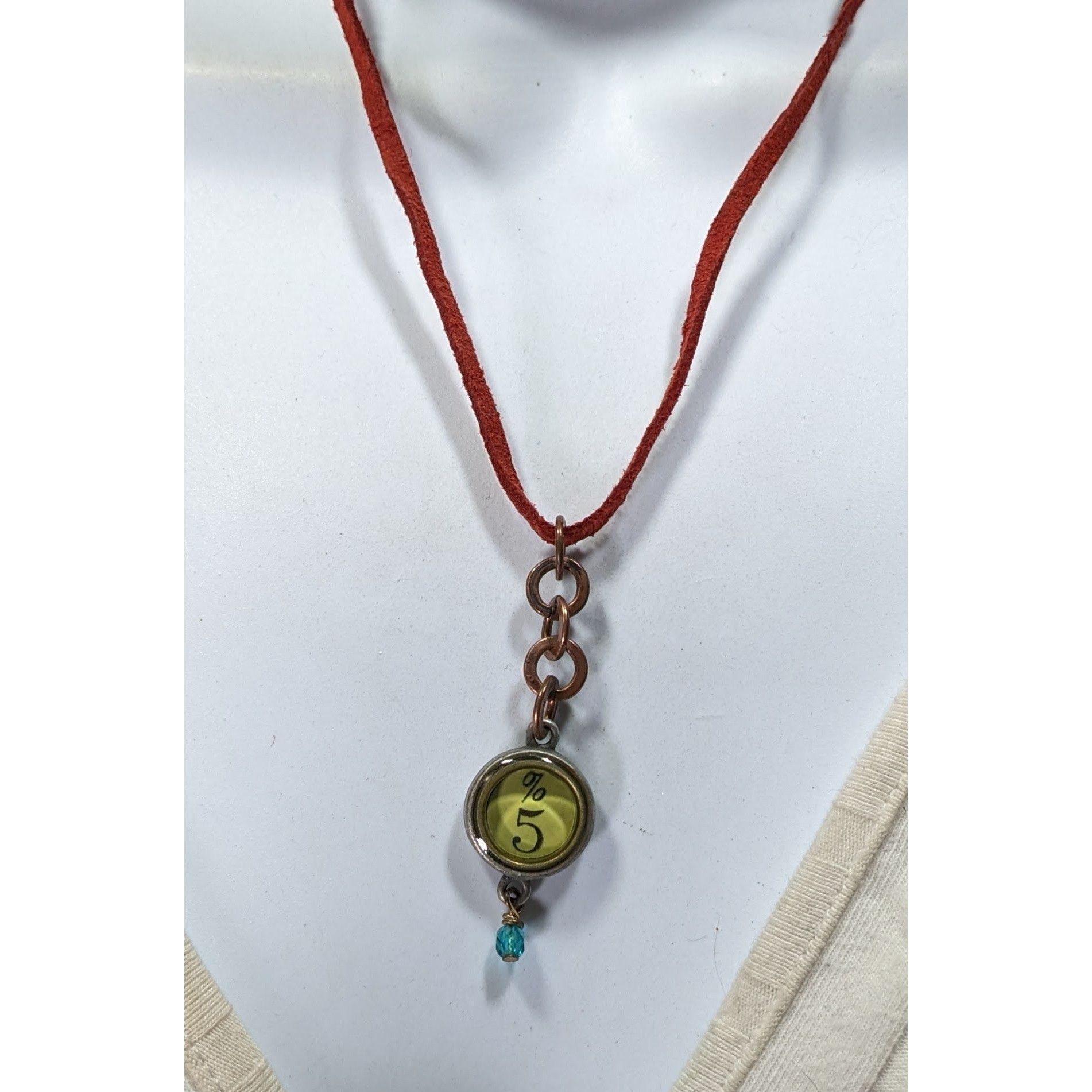 Handmade Handcrafted Steampunk Red Suede Necklace With %5 Green Charm Size ONE SIZE - 4 Thumbnail