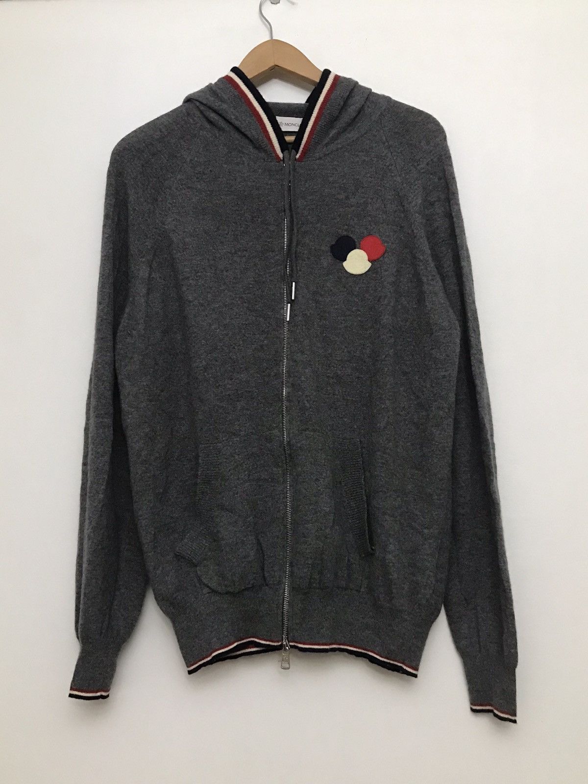 image of Moncler Triple Logo Maglione Tricot Cardigan Full Zip in Grey, Men's (Size 2XL)