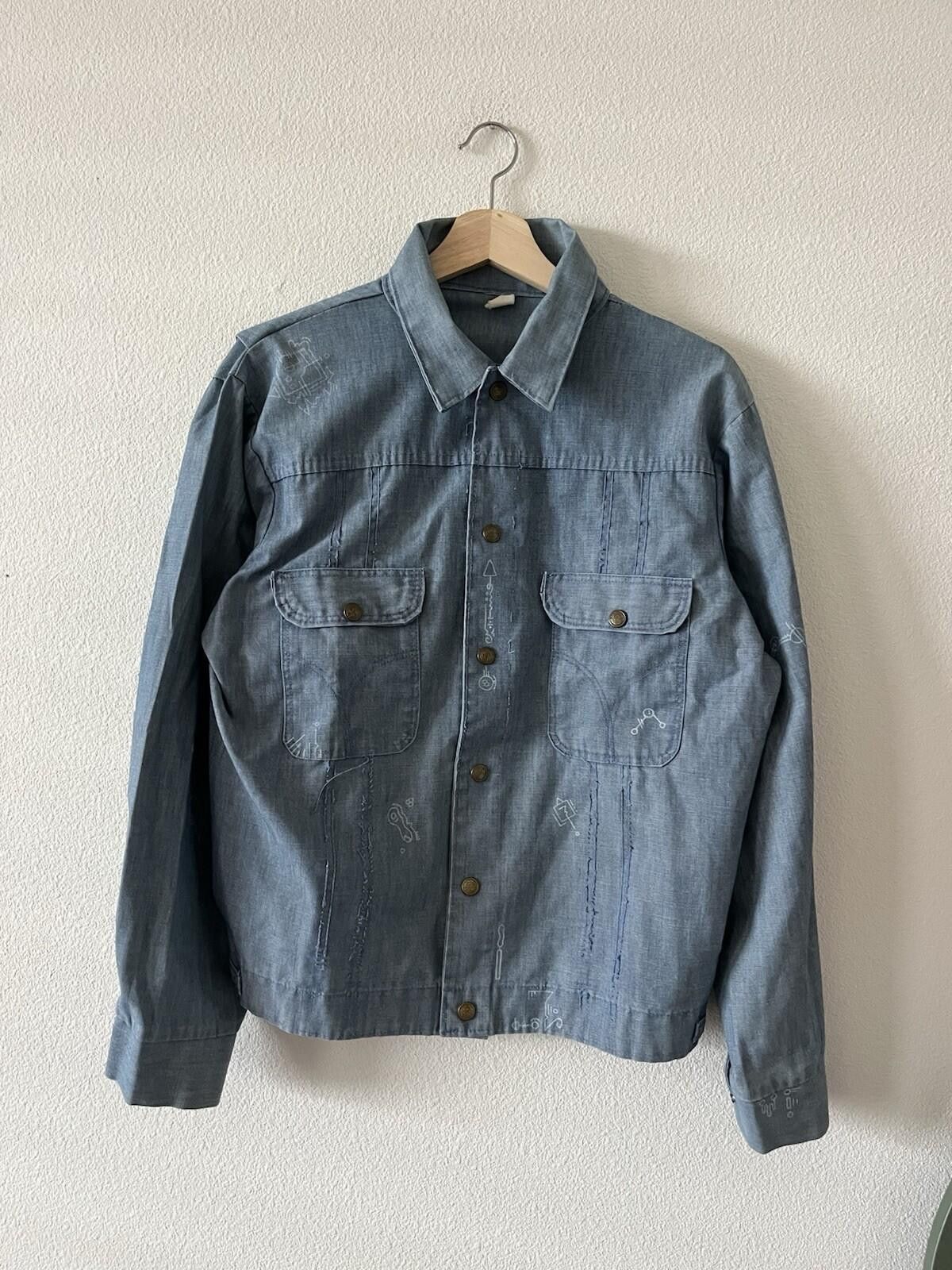 Other Vintage Hand Drawn Chambray Denim Jacket Blue M/L Size L / US 10 / IT 46 - 2 Thumbnail