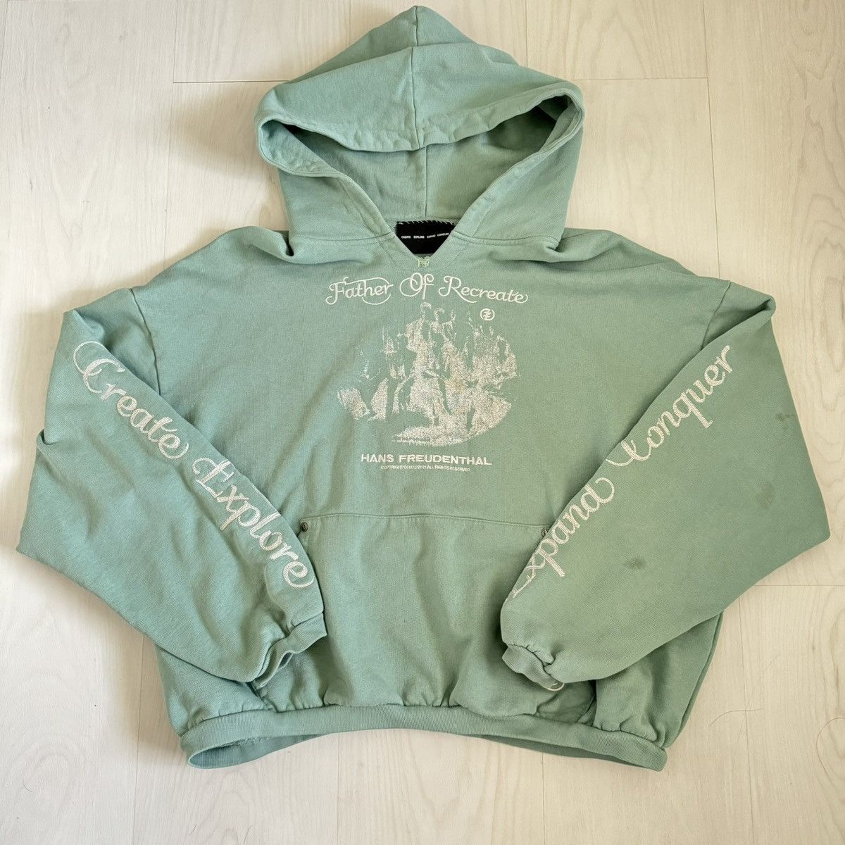 image of Cropped Fit Streetwear Heavyweight Graphic Hoodie in Teal, Men's (Size XL)