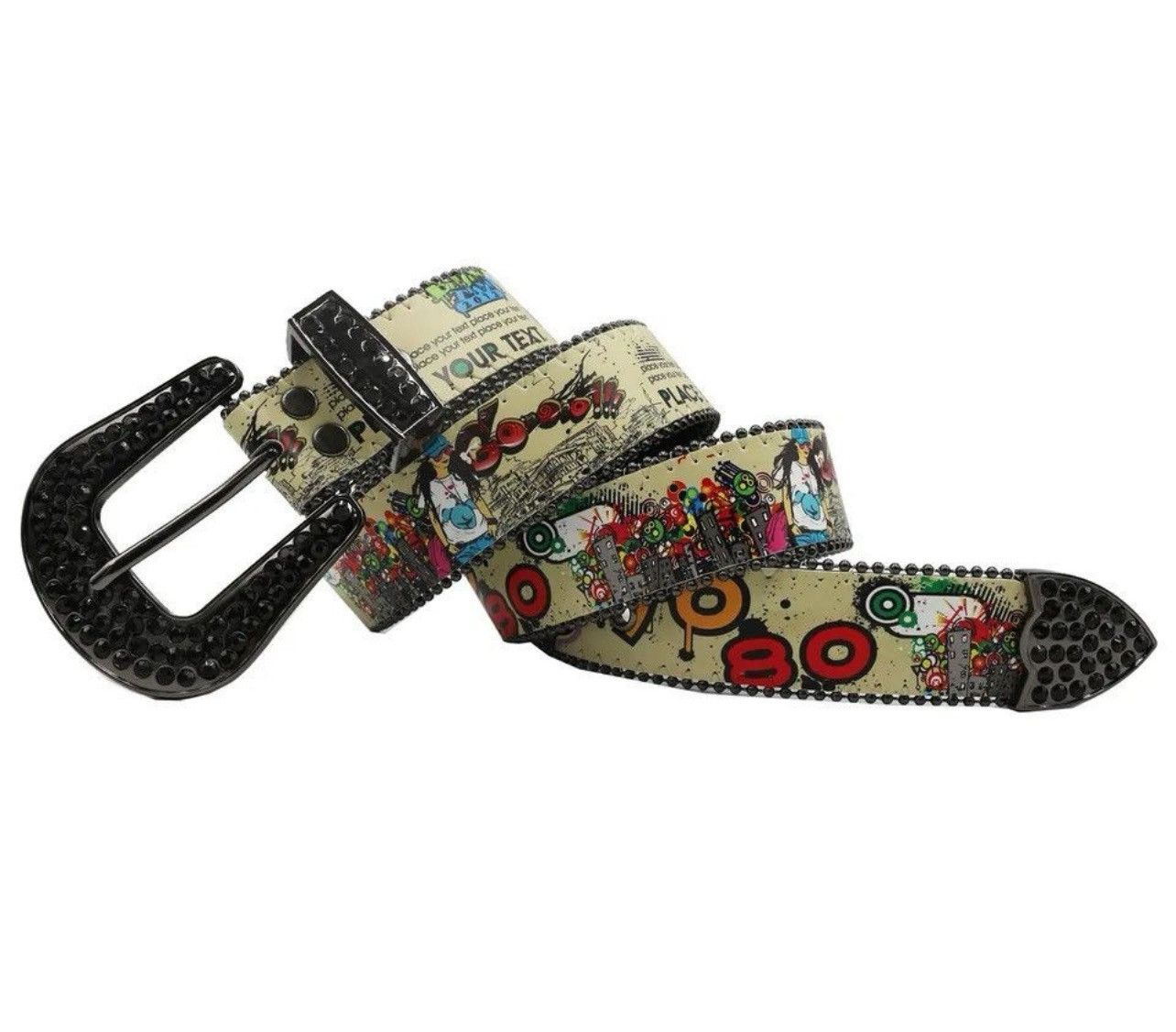Japanese Brand × Leather Graffiti Black Rhinestone PU Leather Belt Size ONE SIZE - 5 Thumbnail