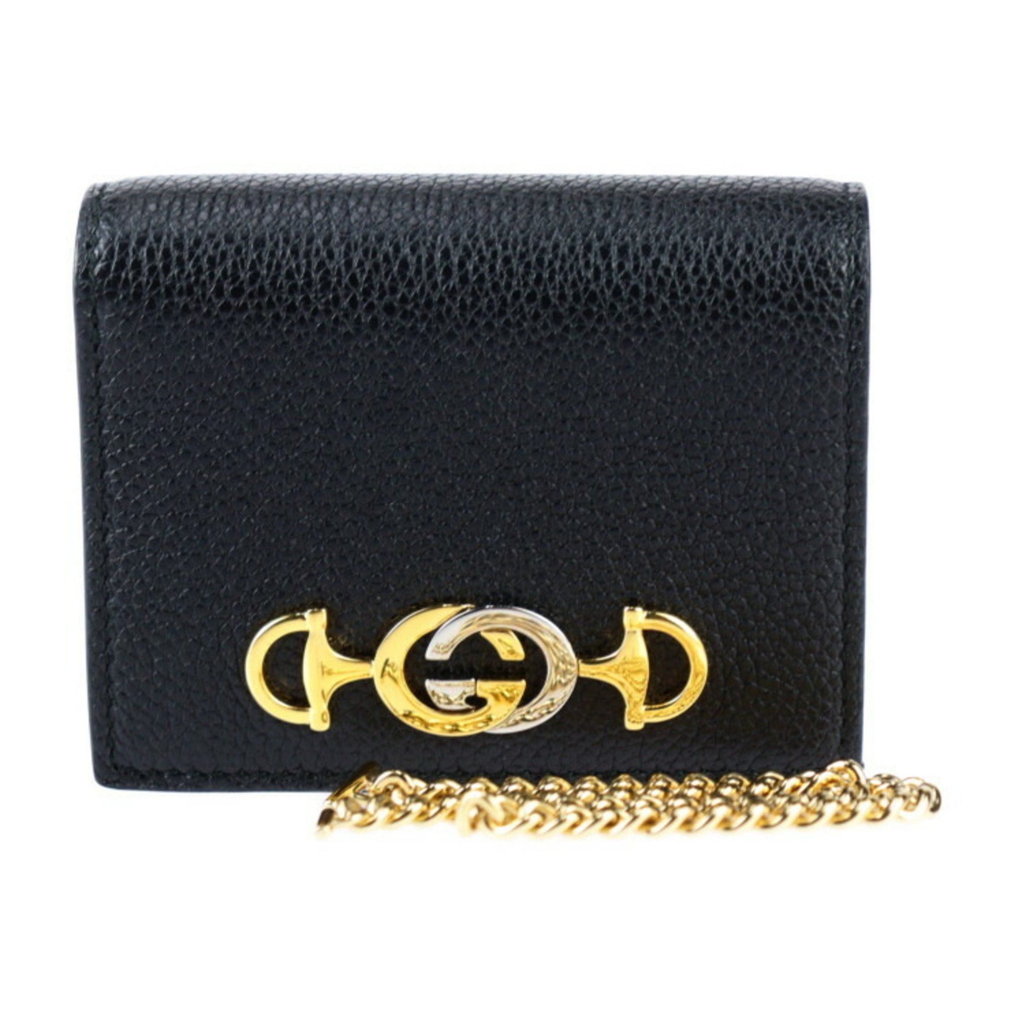 image of Gucci Zumi Chain Wallet Bi-Fold 570660 Leather Black Horsebit Compact, Women's