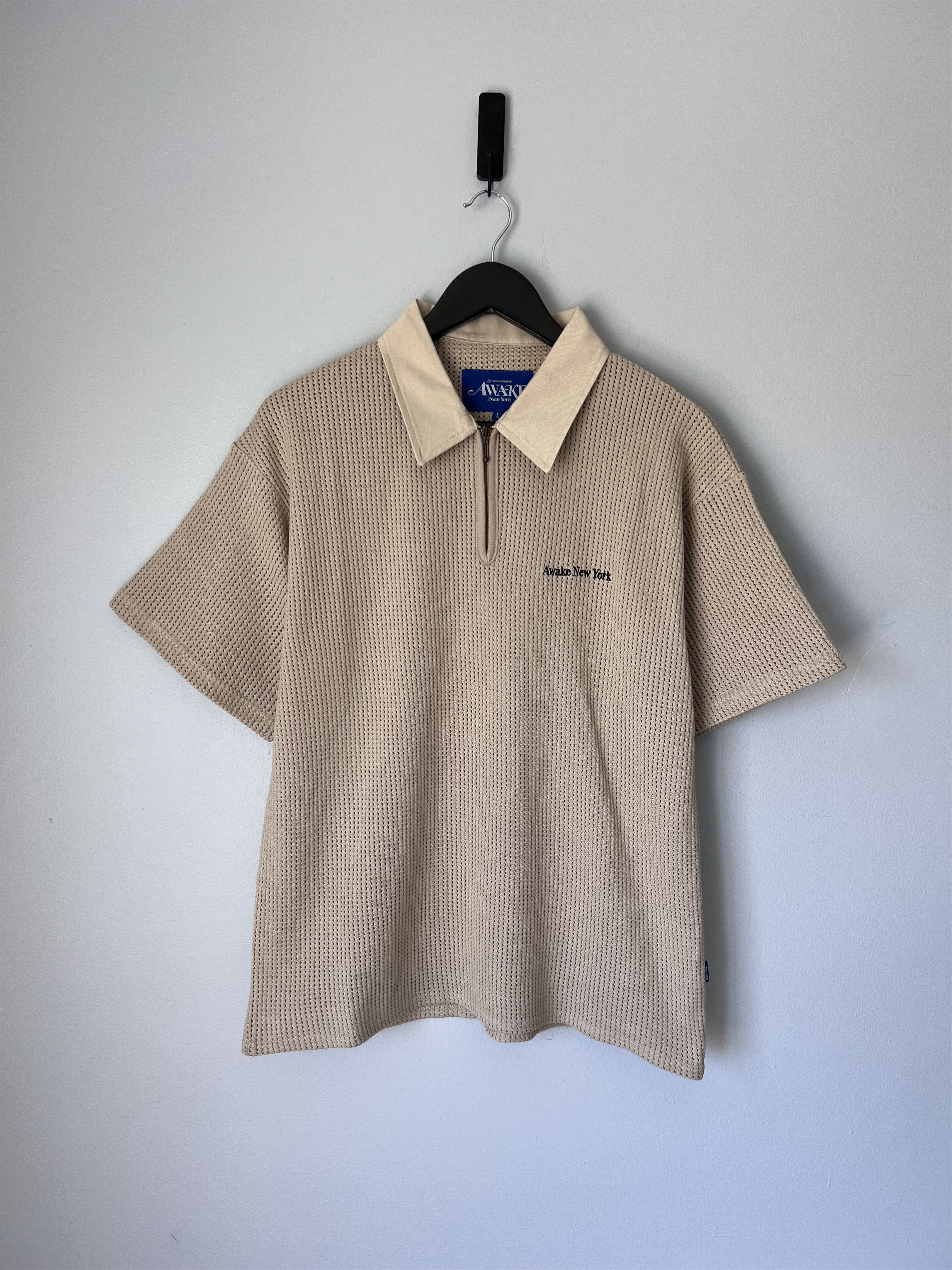 Awake NY Open Knit Embroidered Polo in Cream