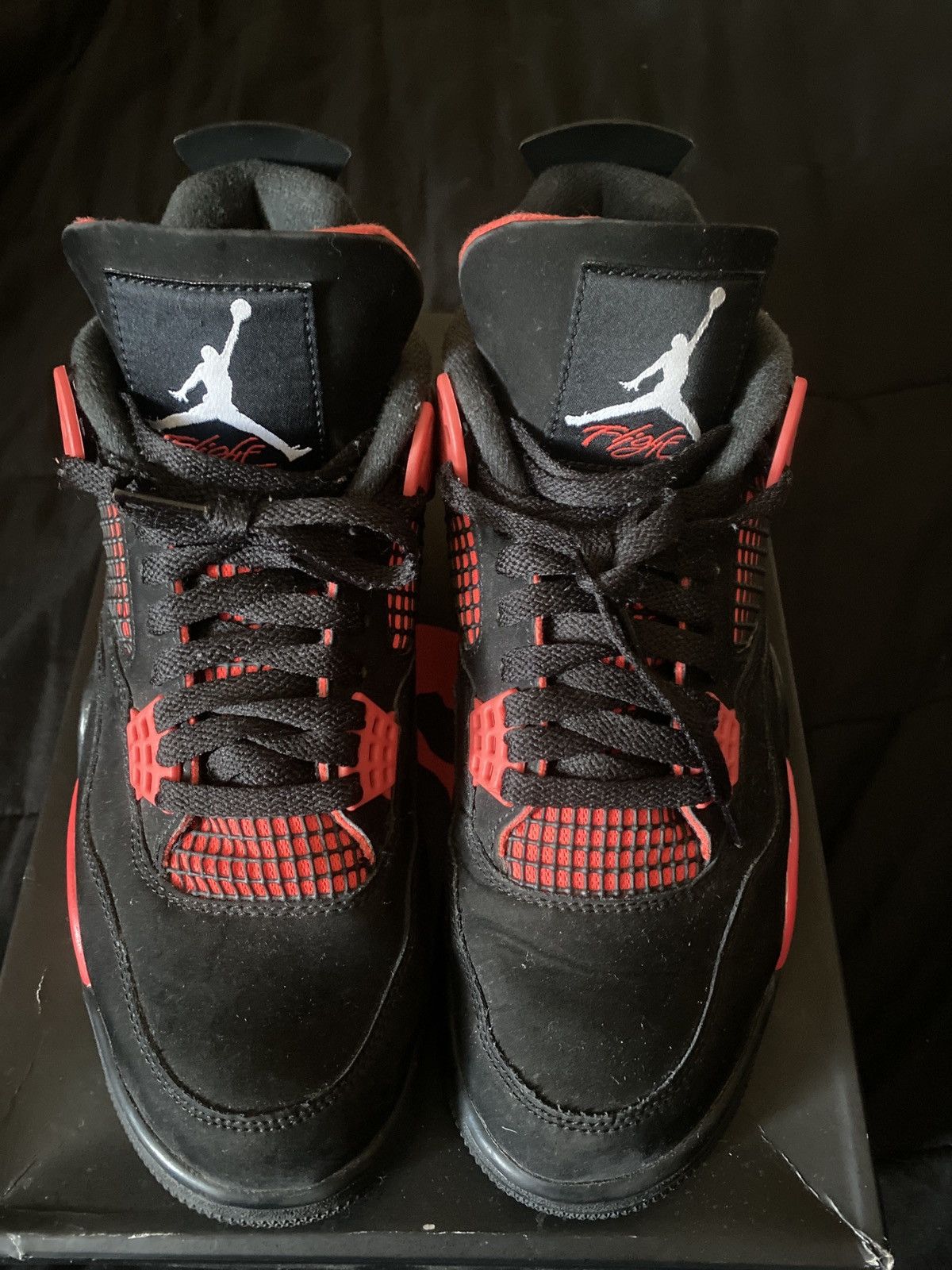 image of Red Thunder Jordan 4 Shoes in Black, Men's (Size 9)