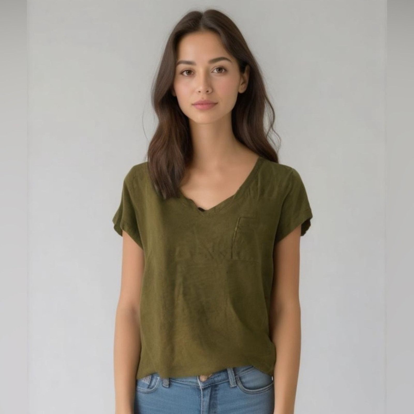 Madewell Madewell Olive Green Linen V-Neck Pocket Tee Women’s Small Size S / US 4 / IT 40 - 1 Thumbnail