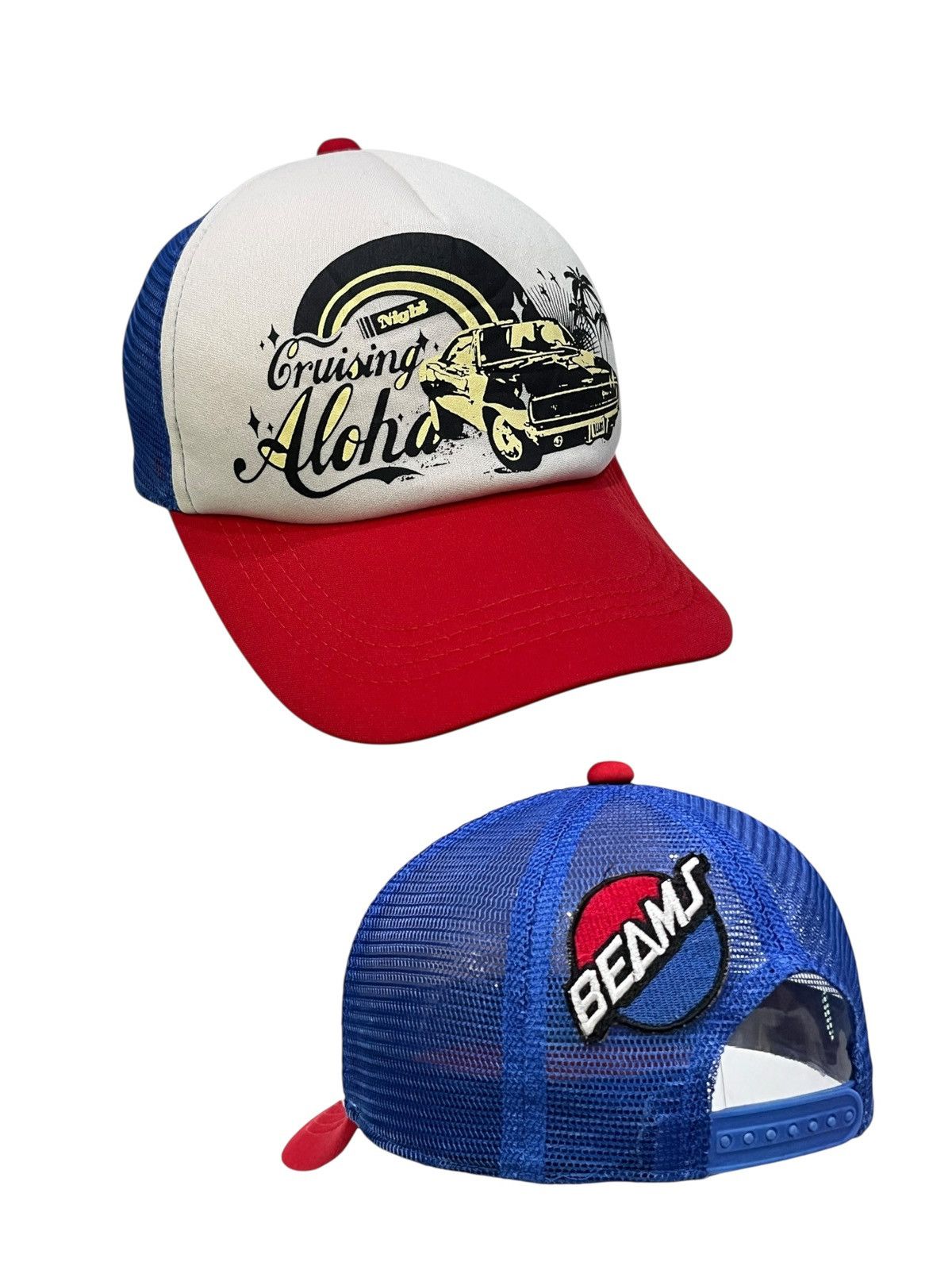 Vintage Y2K BEAMS Trucker Hat Aloha Car Print Pepsi Vibes