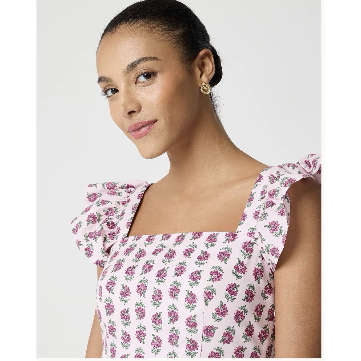 J.Crew J.Crew Floral Midi Dress Pink Ruffle Sleeve Square Neck 6P Size S / US 4 / IT 40 - 5 Thumbnail