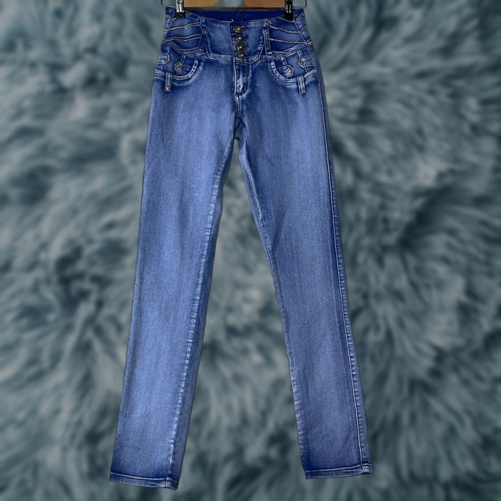 Vintage Tush Push Jeans Womens Blue Colombia Stretch High-Rise 3 Button Skinny Denim Size 7 Women Size 28" / US 6 / IT 42 - 1 Thumbnail