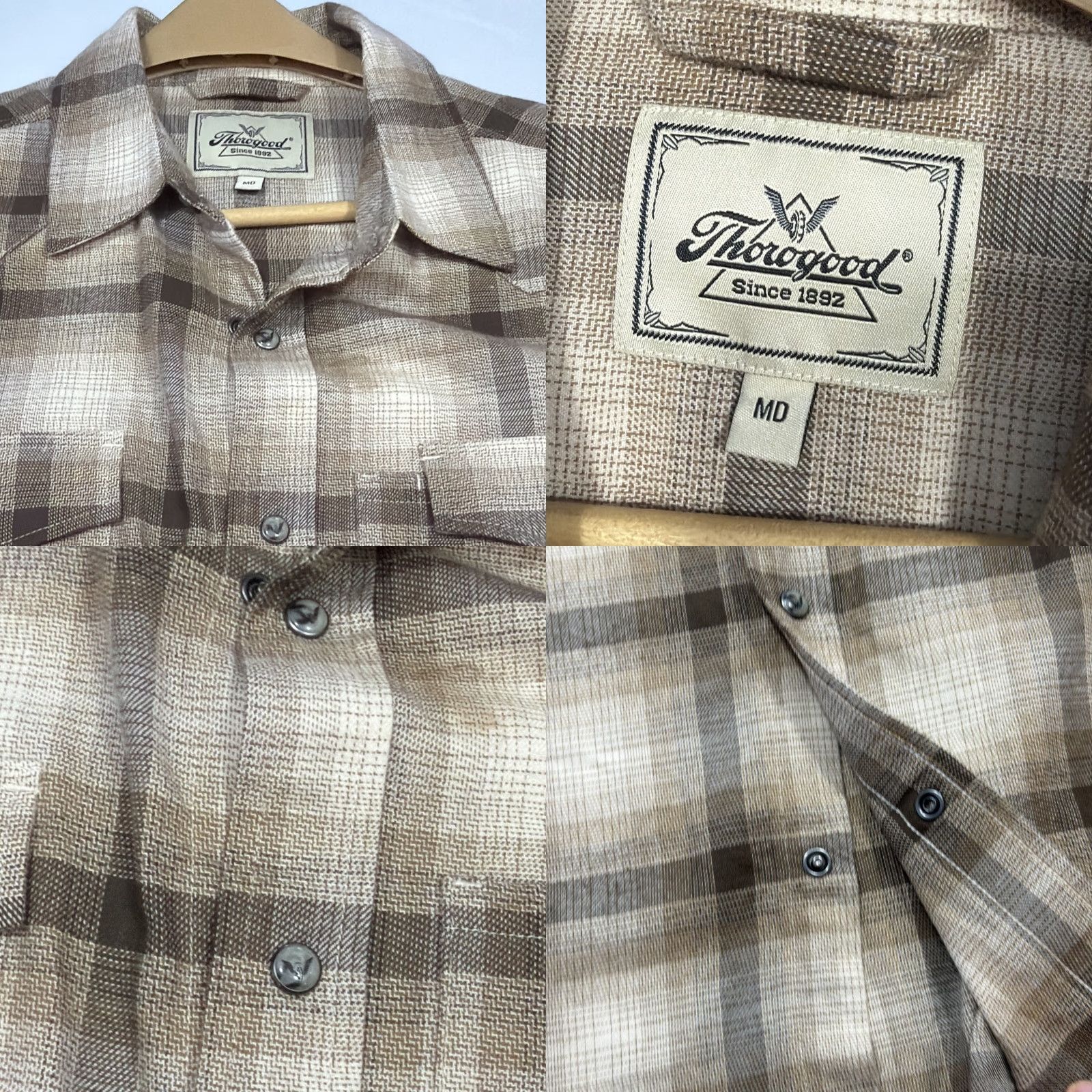 Thorogood Thorogood Brown Tan Wide Plaid Shirt Pearl Snap Mens M Western Flap Pockets Soft Size US M / EU 48-50 / 2 - 8 Thumbnail