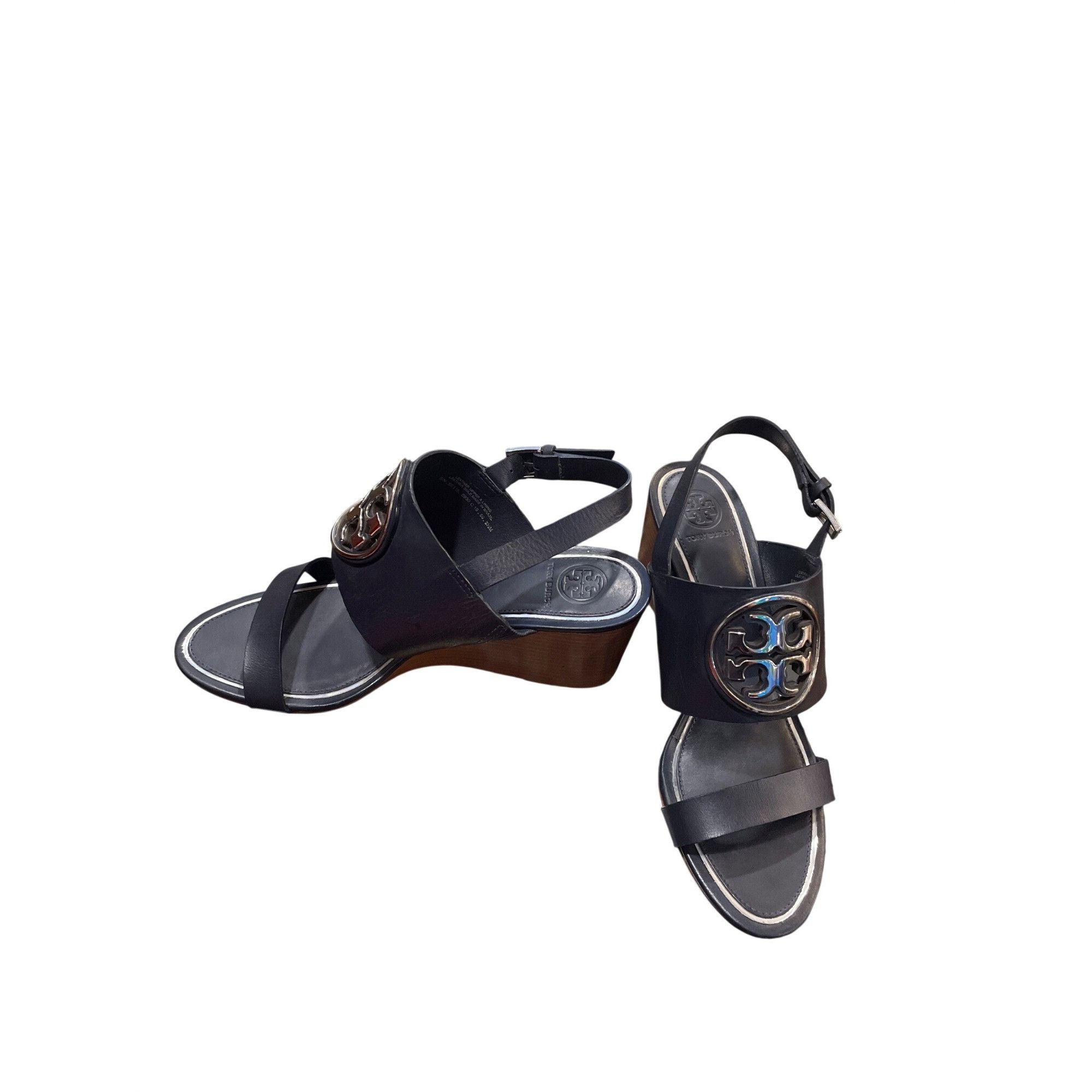 Tory Burch Tory Burch wms black leather 3" open sling back wedge shoes Size US 8.5 / IT 38.5 - 2 Thumbnail