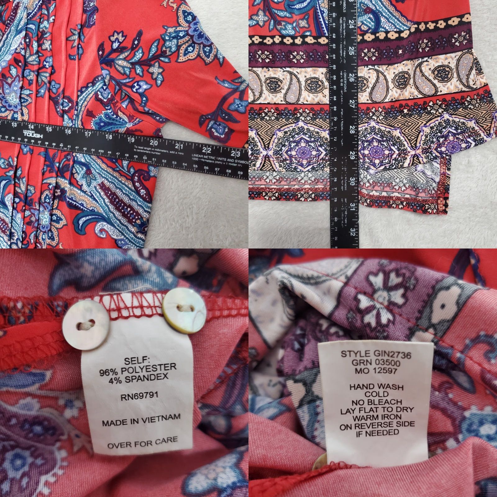 Vintage Fig and Flower Blouse Women L Red Floral Paisley Pleated V Neck Button Up Boho Tunic Red Boho Women's Shirt Size L / US 10 / IT 46 - 8 Thumbnail