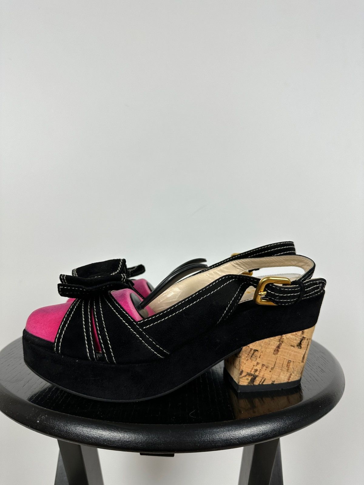 Prada Prada Black Suede Leather Bow Platform Sandals Size US 8 / IT 38 - 2 Thumbnail
