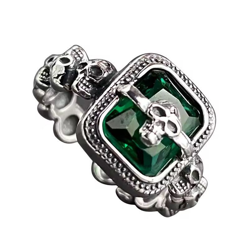 Jewelry Retro Vintage Style Skull Green Punk Ring Size ONE SIZE - 4 Thumbnail