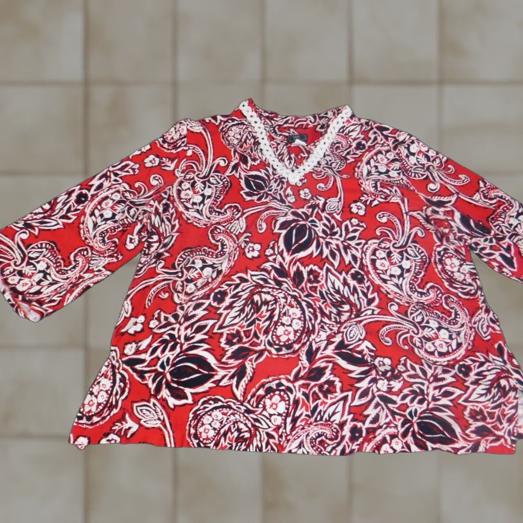Vintage Lark Lane Blouse Womens 2X Plus Red Floral Pullover Long Sleeve Collared Button Cotton Casual Size XXL / US 16-18 / IT 52-54 - 1 Thumbnail