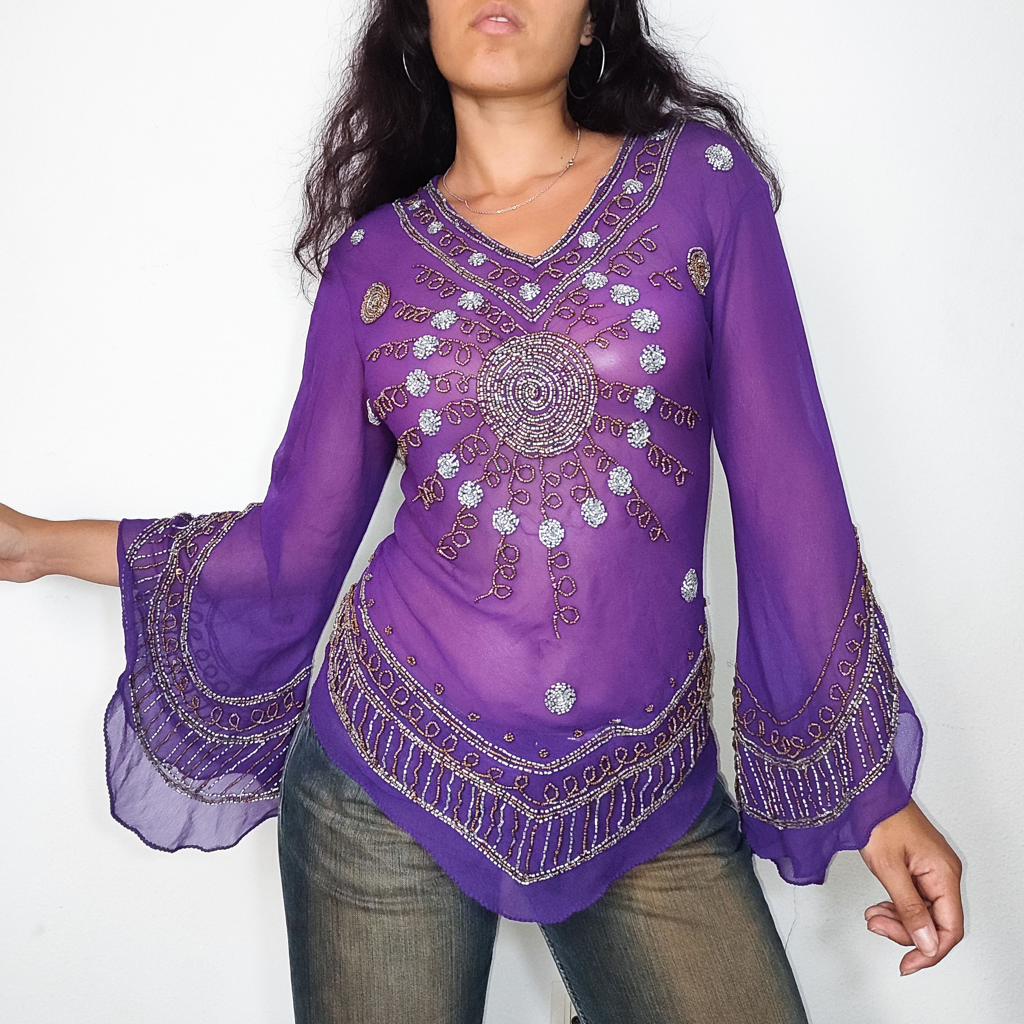 Vintage Y2k Vintage Ethereal Purple Shear Tunic Top with Beads Size L / US 10 / IT 46 - 1 Thumbnail