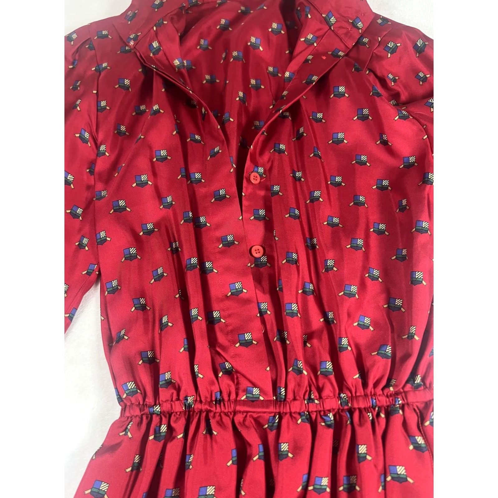 Vintage Frank Young Silk Shirt Dress Womens 6 Red Geometric Print Elastic Waist Buttons Size M / US 6-8 / IT 42-44 - 4 Thumbnail