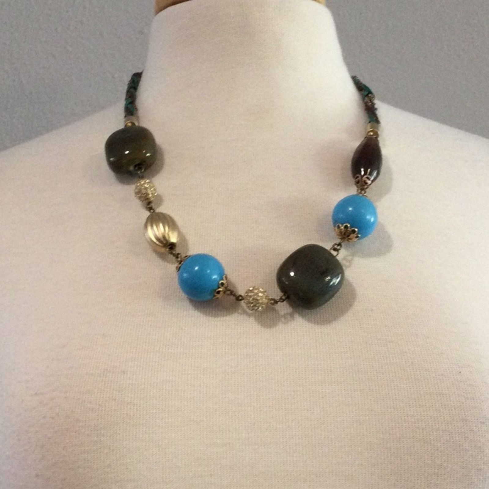 Other Elegant Blue, Gold, Brown Braided Leather Necklace Size ONE SIZE - 13 Thumbnail